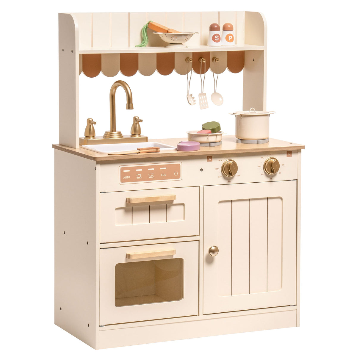 Robud wooden play kitchen set in cream and natural wood finish with upper hutch and hooks.
