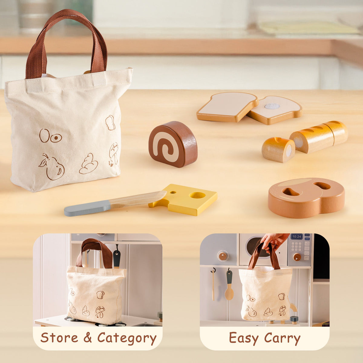 ROBUD wooden dessert cutting playset store and carry infographic showing tote bag with cheese, baguette, pretzel, and swiss roll on a countertop and bag in play kitchen