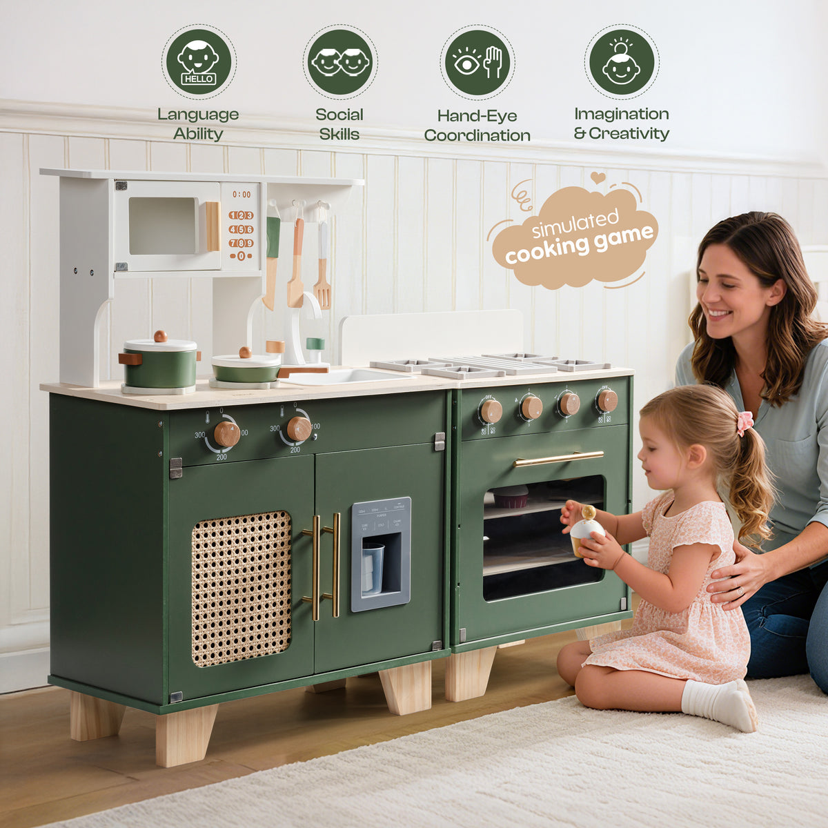ROBUD Wooden 3 Pieces Kids Kitchen Playset -  Vintage Green	