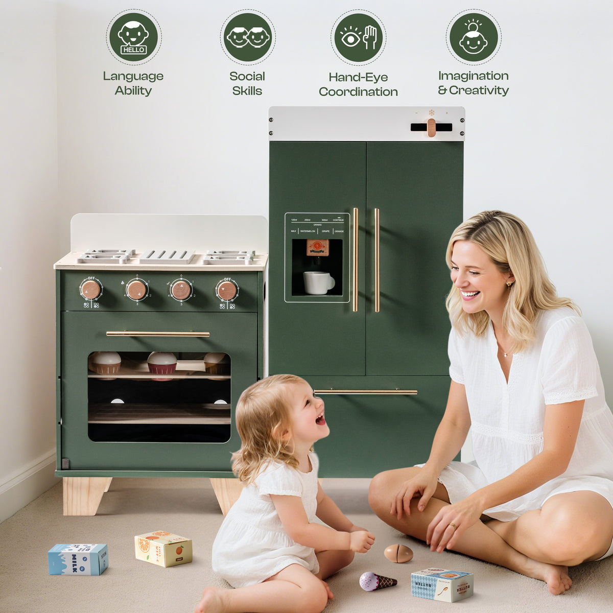 ROBUD Wooden 3 Pieces Kids Kitchen Playset -  Vintage Green	