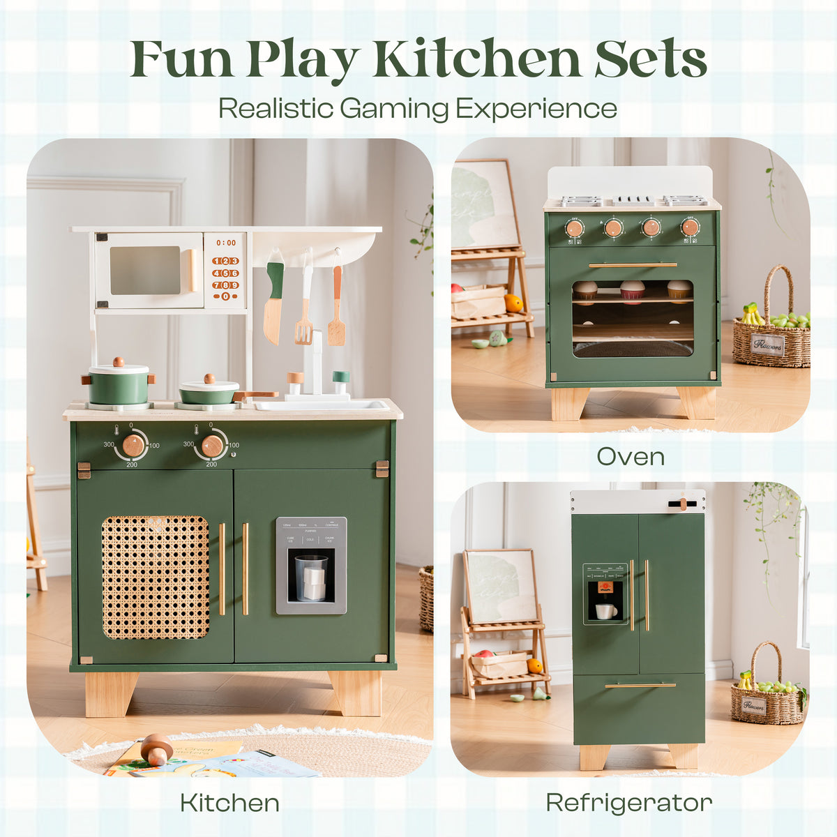 ROBUD Wooden 3 Pieces Kids Kitchen Playset -  Vintage Green	