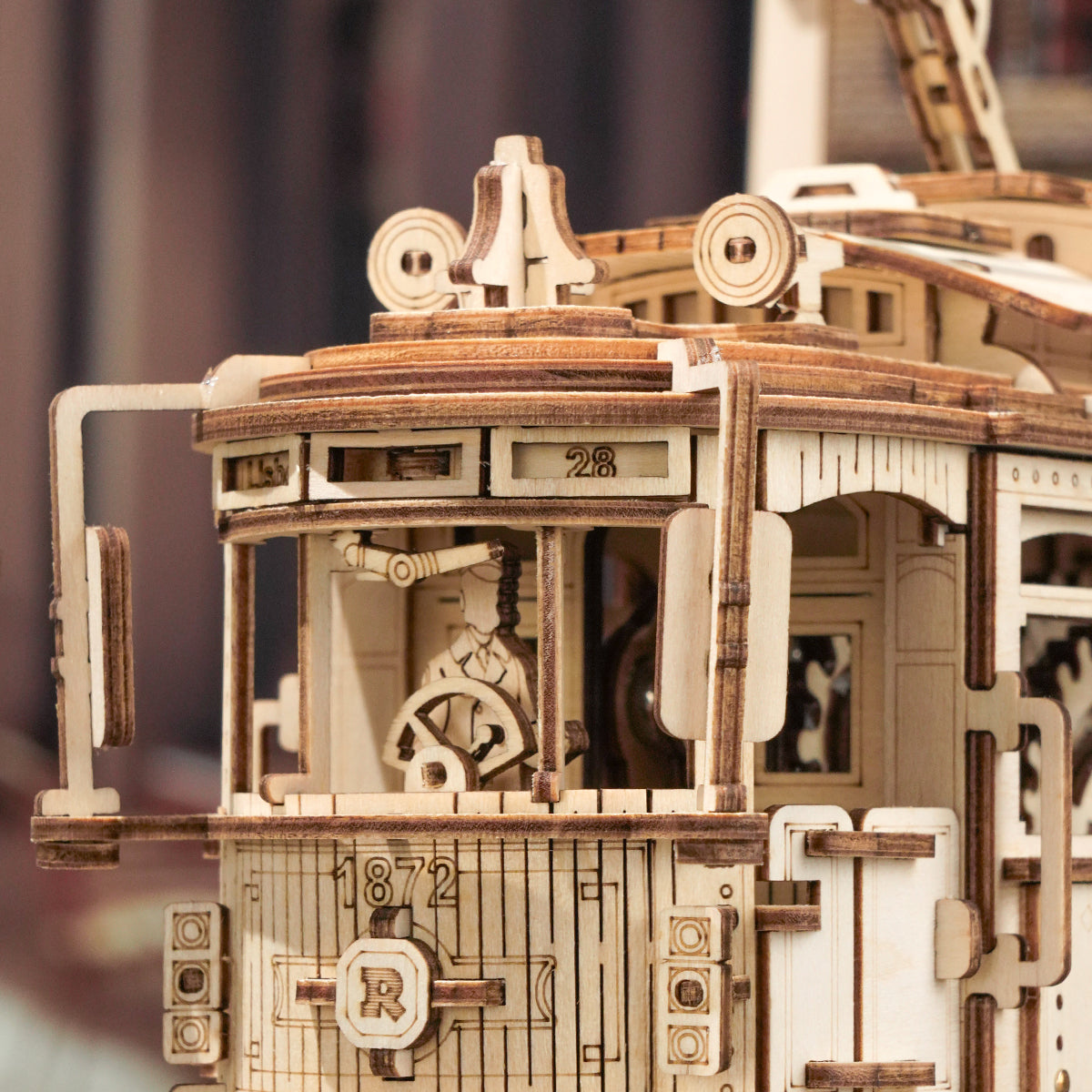 ROKR, Classic City Tram, LK801, 3D wooden tram puzzle, three-quarter angle