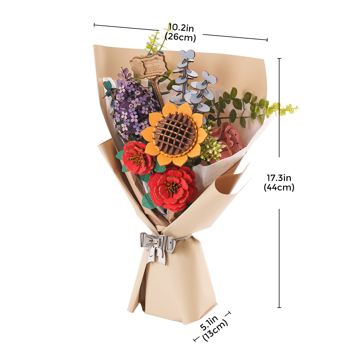 Rowood wooden flower bouquet size diagram shows the wrapped arrangement with height labels.