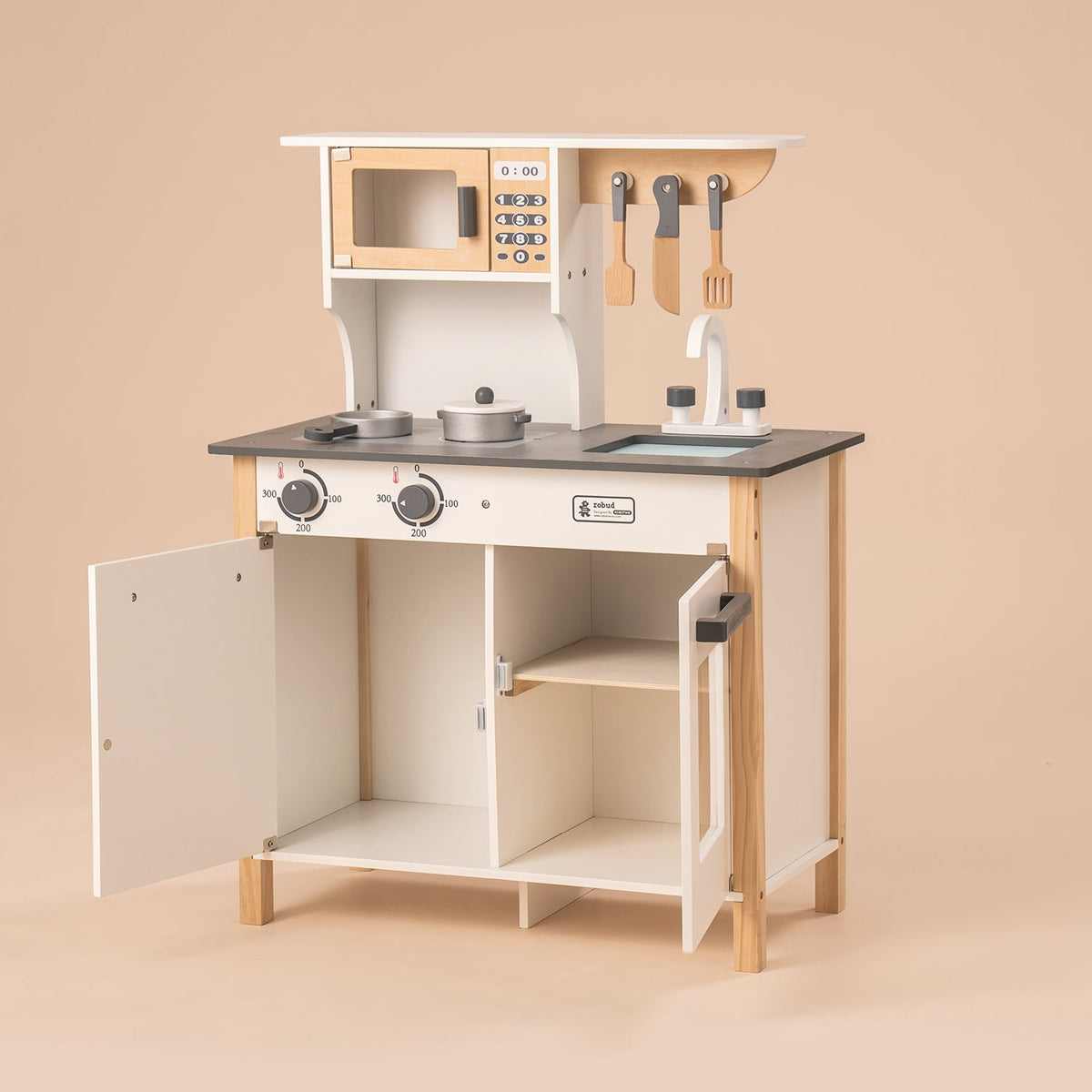 Robud, Wooden Kids Play Kitchen Playset, WG01, wooden play kitchen set, side angle