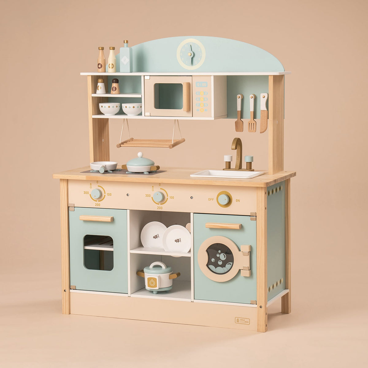 ROBUD pastel mint and wood kids kitchen playset with oven, sink, microwave and cooking accessories