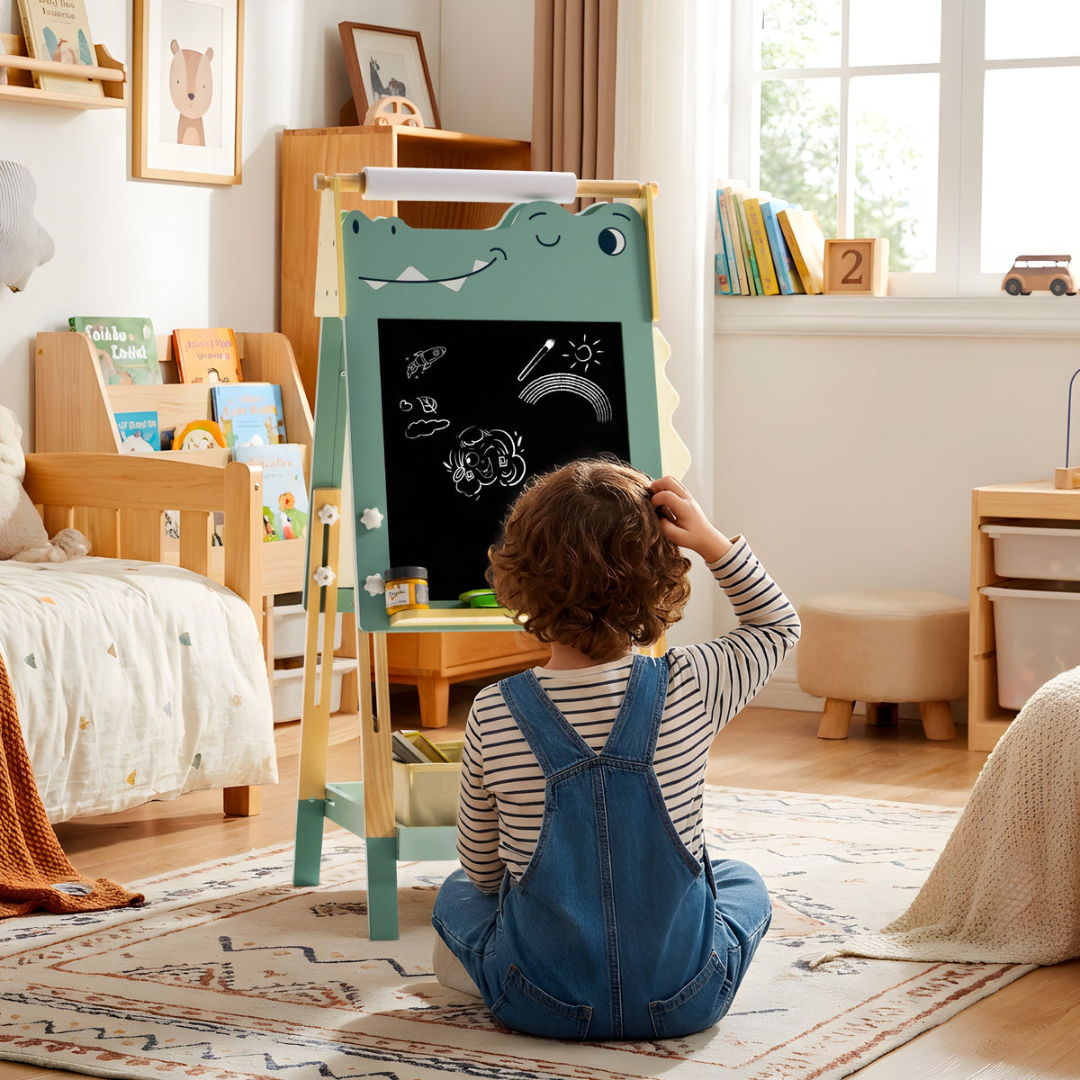Toddler boy sits on the floor gazing at a ROBUD green dinosaur chalkboard easel with space drawings in his playroom.
