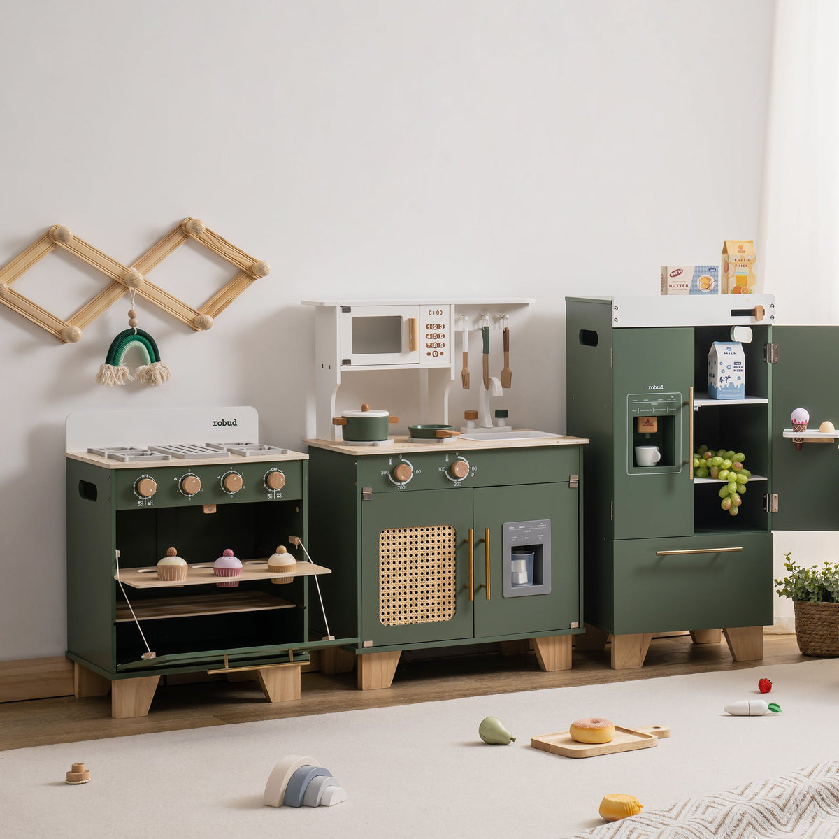 Full ROBUD vintage green 3-piece kitchen set from same angle showing complete lineup of oven, kitchen, and refrigerator in bright room