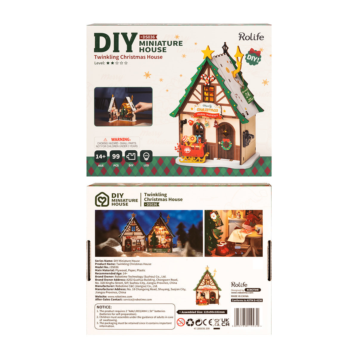 Rolife Twinkling Christmas House DS036 retail packaging back panel showing completed model, difficulty icons and Rolife branding