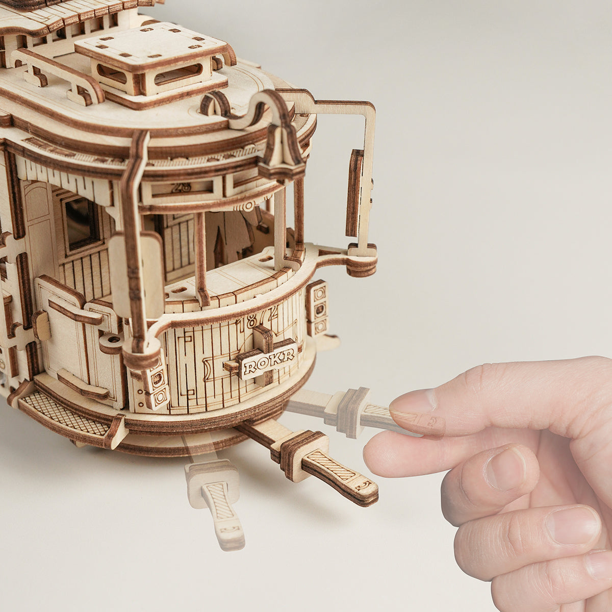 ROKR, Classic City Tram, LK801, 3D wooden tram puzzle, top-down view