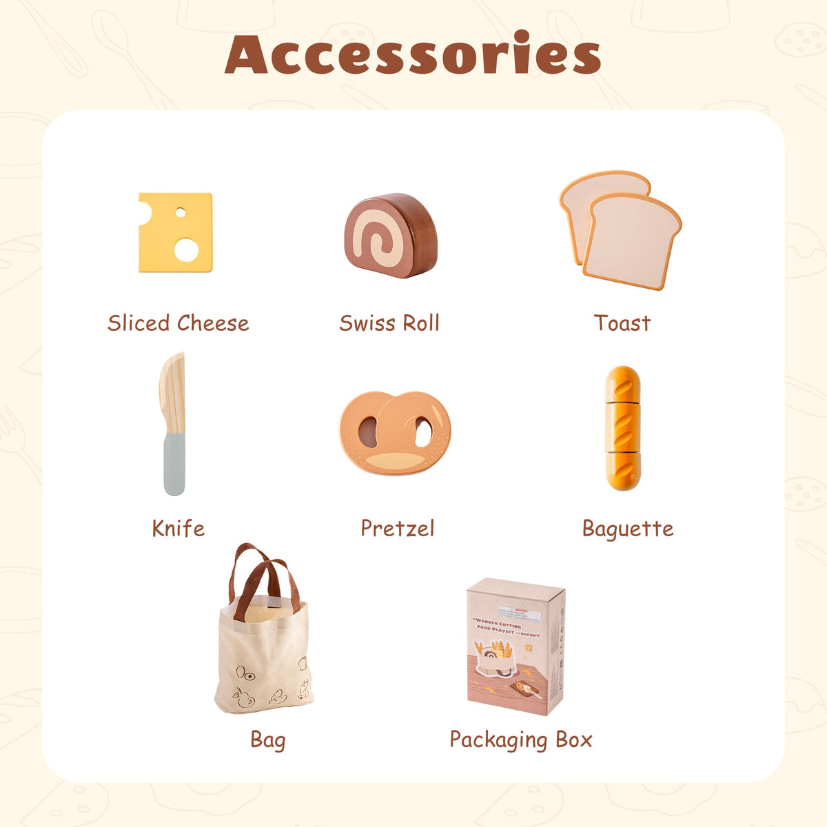 ROBUD wooden dessert cutting playset accessories infographic showing sliced cheese, swiss roll, toast slices, knife, pretzel, baguette, canvas bag, and packaging box