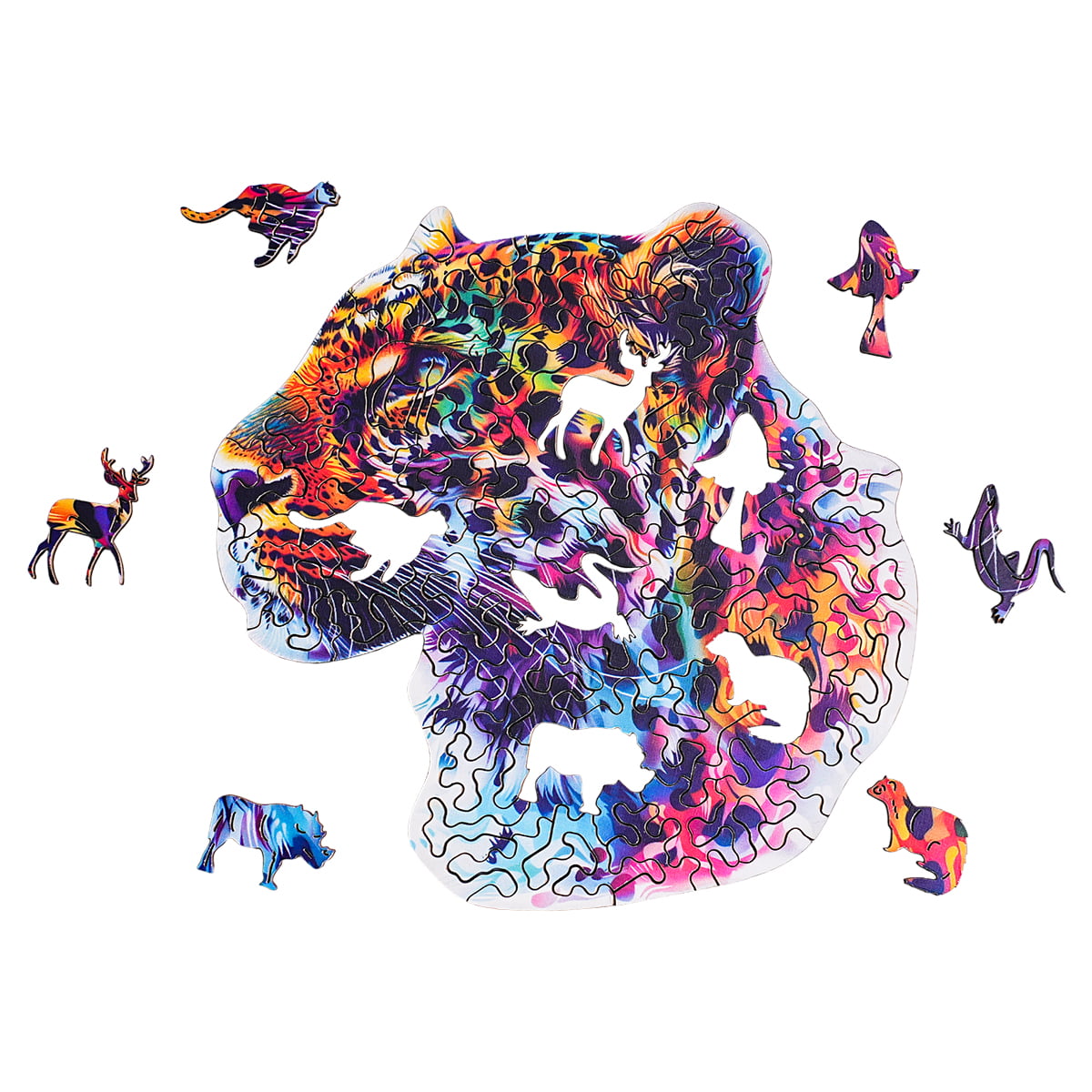 Robotime Fancy Leopard wooden jigsaw showing vivid neon-colored leopard head surrounded by small animal-shaped accent pieces