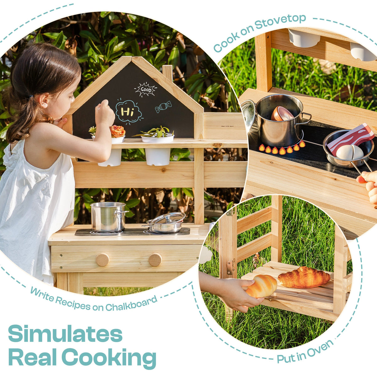 ROBUD Outdoor Mud Kitchen with Accessories simulates real cooking detail showing write on chalkboard, cook on stovetop and fun kitchen features close-up