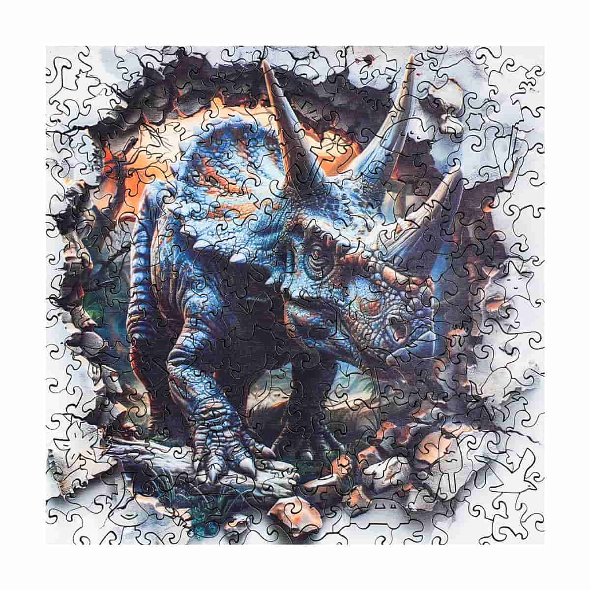 ROBOTIME, Wall Breaking Triceratops, wooden jigsaw puzzle, front view