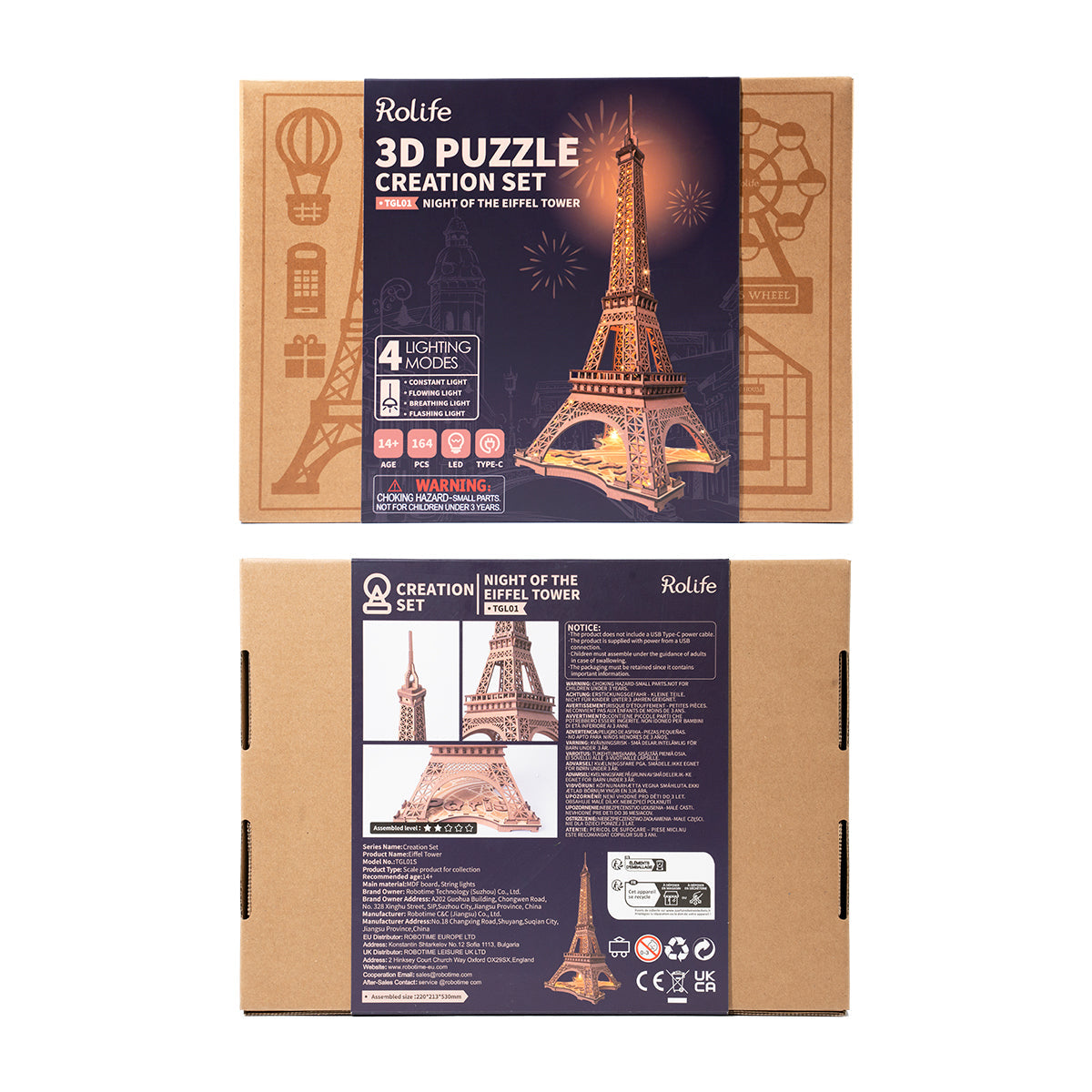 Rolife Night of the Eiffel Tower 3D puzzle creation set retail box showing night-scene cover art and product details on the reverse