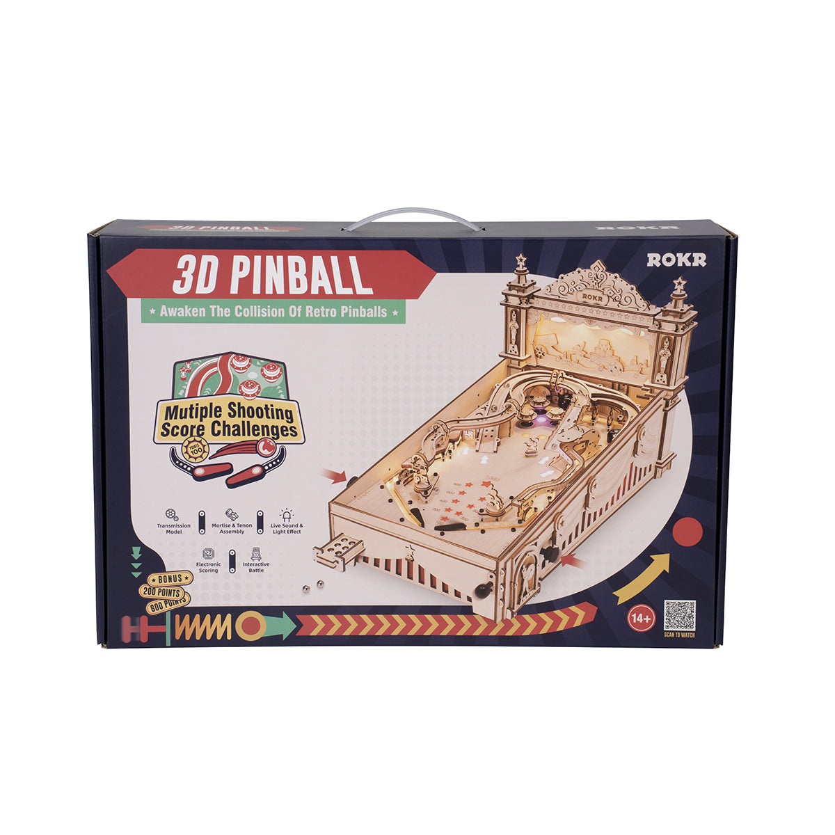 ROKR 3D Pinball Machine retail packaging box showing assembled model render on dark navy background with gold detail