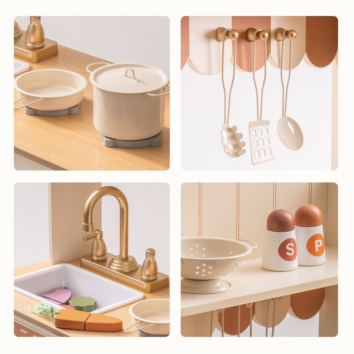 Robud kids kitchen toy with matching white sink basin and gold faucet on wooden countertop.