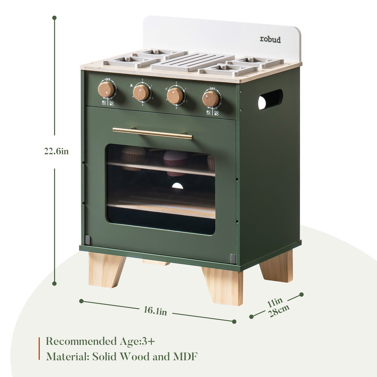 ROBUD vintage green wooden play oven with stovetop knobs and open oven door showing dimensions 22.6 inches tall with solid wood and MDF label