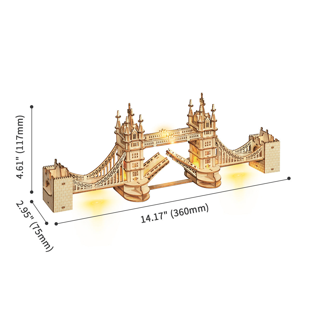 Rolife Tower Bridge puzzle dimension diagram showing 14.17 by 4.61 by 2.95 inch footprint with drawbridge open and LED glow