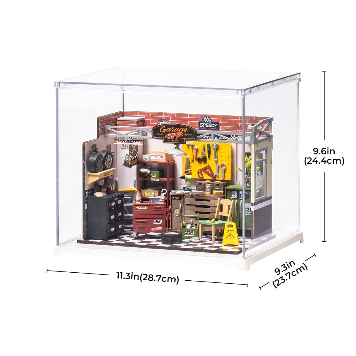 Rolife Garage Workshop display box shows the compact tool shop with case dimensions.