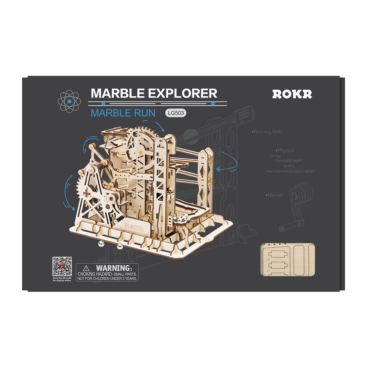 ROKR Marble Explorer marble run retail packaging box in matte black theme with assembled product preview