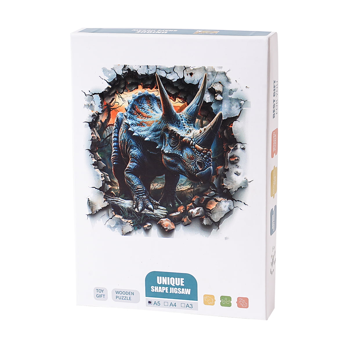 ROBOTIME, Wall Breaking Triceratops, wooden jigsaw puzzle, styled scene