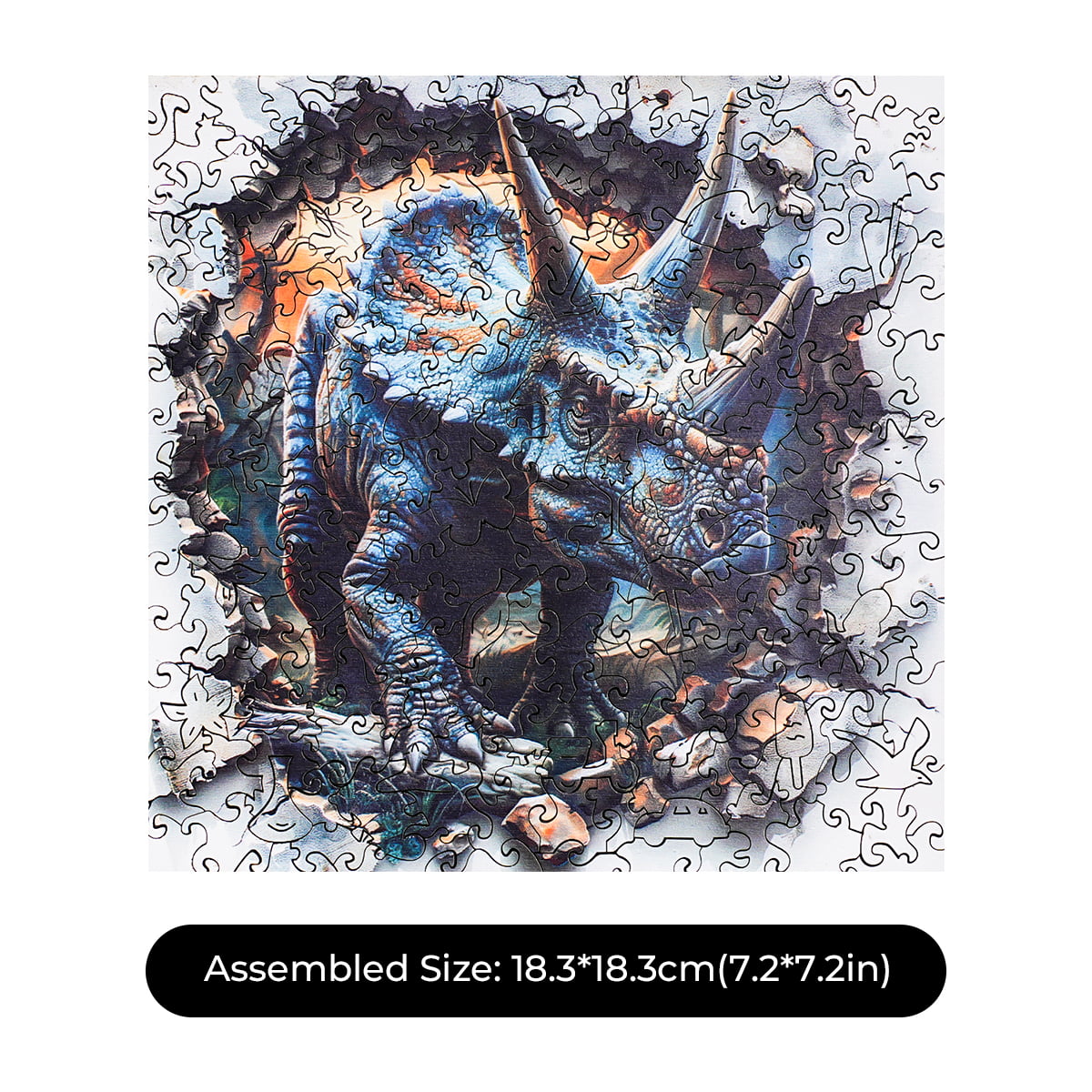 ROBOTIME, Wall Breaking Triceratops, wooden jigsaw puzzle, top-down view