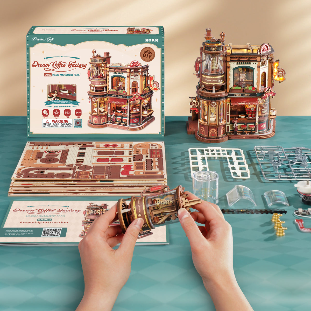 ROKR Dream Coffee Factory Music Box Wooden 3D Puzzle EAB02 3D wooden music box, side view highlighting structure and scale
