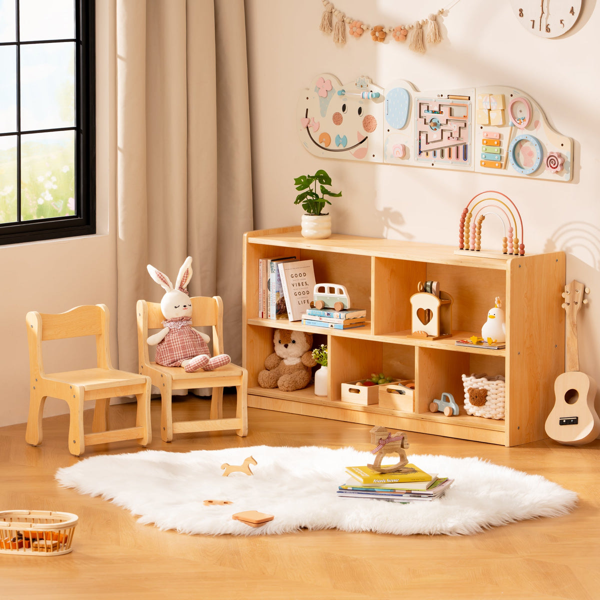 ROBUD natural birch bookshelf and matching small chair styled in a warm room with an activity board on the wall.
