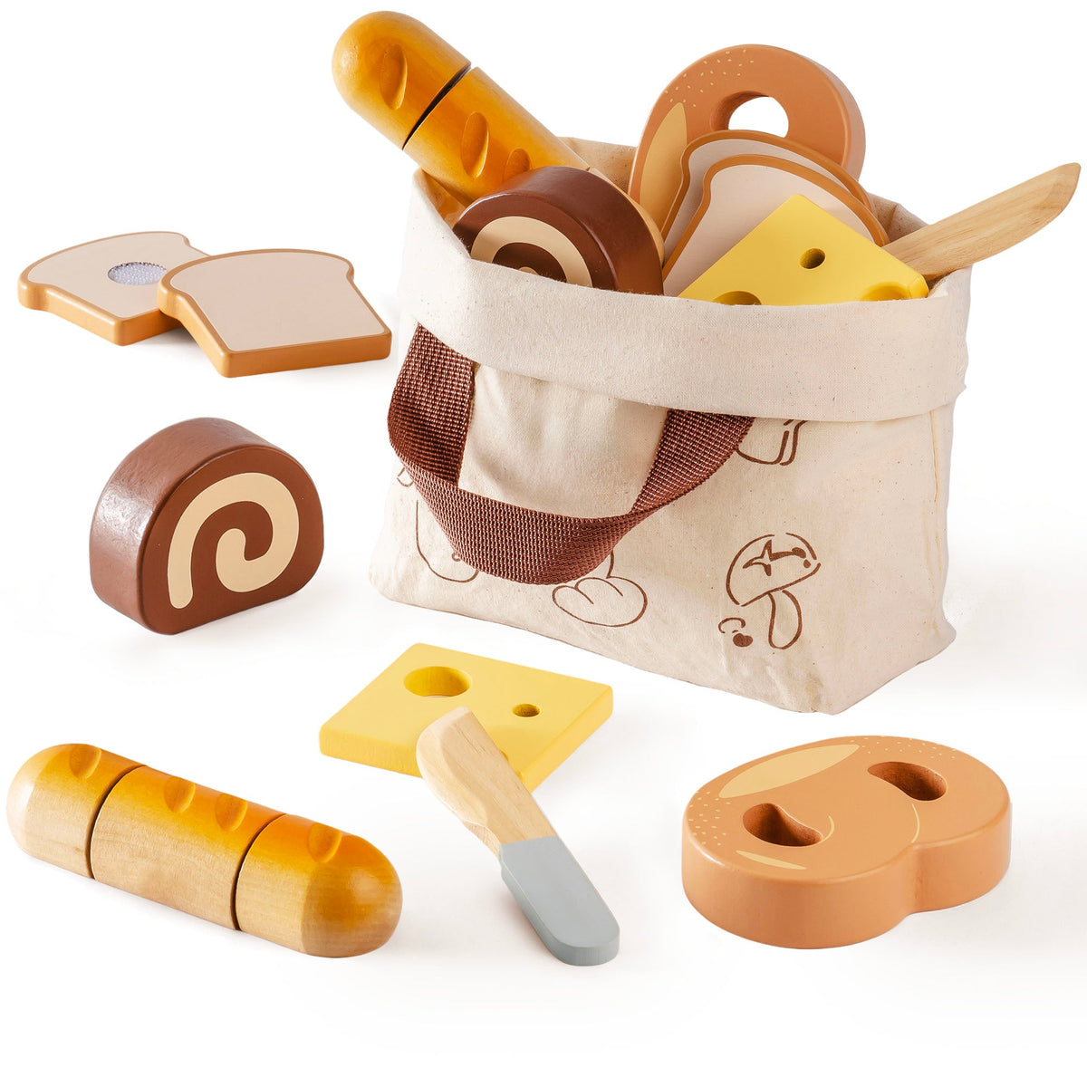 ROBUD wooden bread cutting food playset flat lay showing toast slices, baguette pieces, yellow cheese square, pretzel, brown swiss roll, and wooden knife arranged on white
