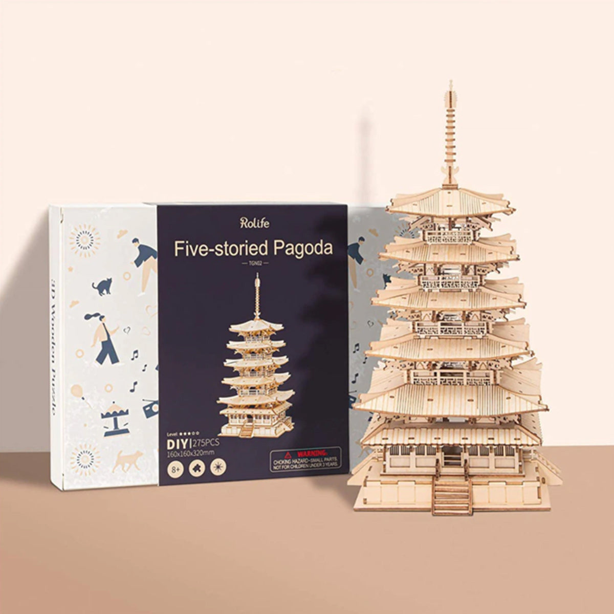 Rolife Five-storied Pagoda TGN02 3D wooden architecture puzzle, hands assembling laser-cut wooden pieces
