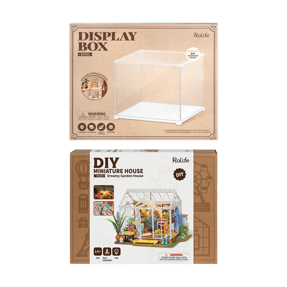 Rolife garden house kit packaging is shown with a display box package and DIY model box.
