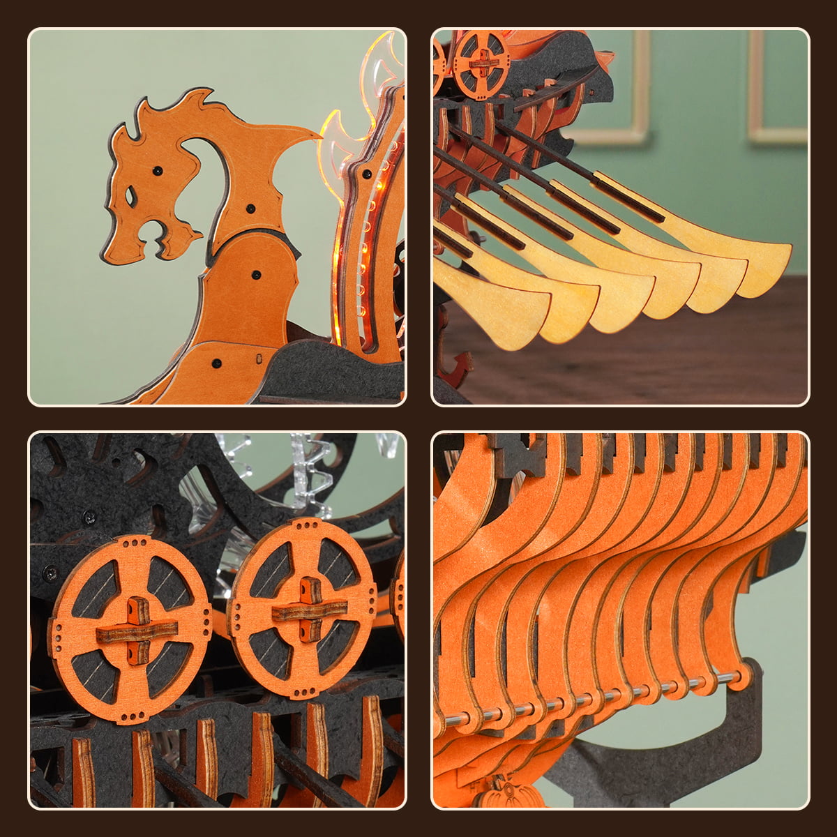 ROKR, Viking Dragon Ship, LK802, 3D wooden ship model puzzle, detail close-up