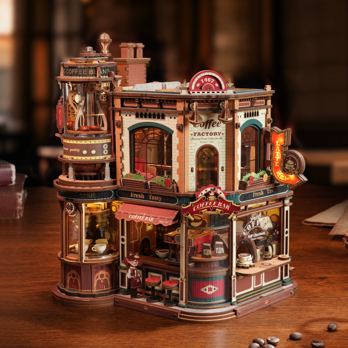 ROKR Dream Coffee Factory Music Box Wooden 3D Puzzle EAB02 3D wooden music box, top-down view of layout and arrangement
