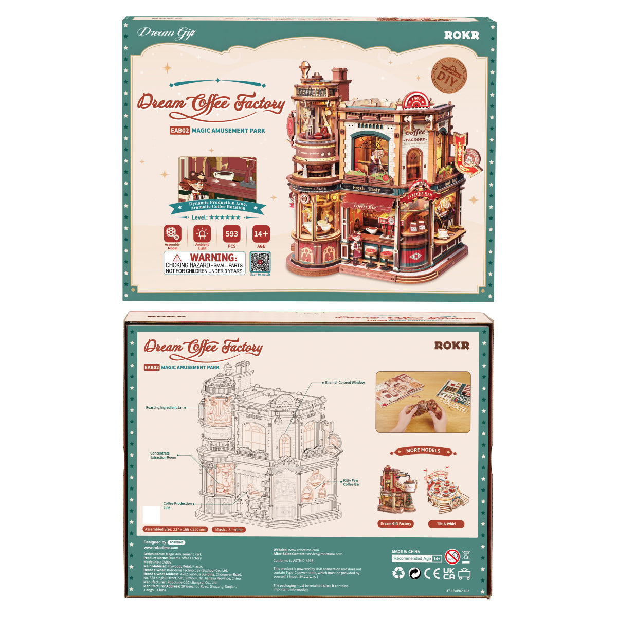 ROKR Dream Coffee Factory Music Box Wooden 3D Puzzle EAB02 3D wooden music box, illuminated scene showing lighting feature