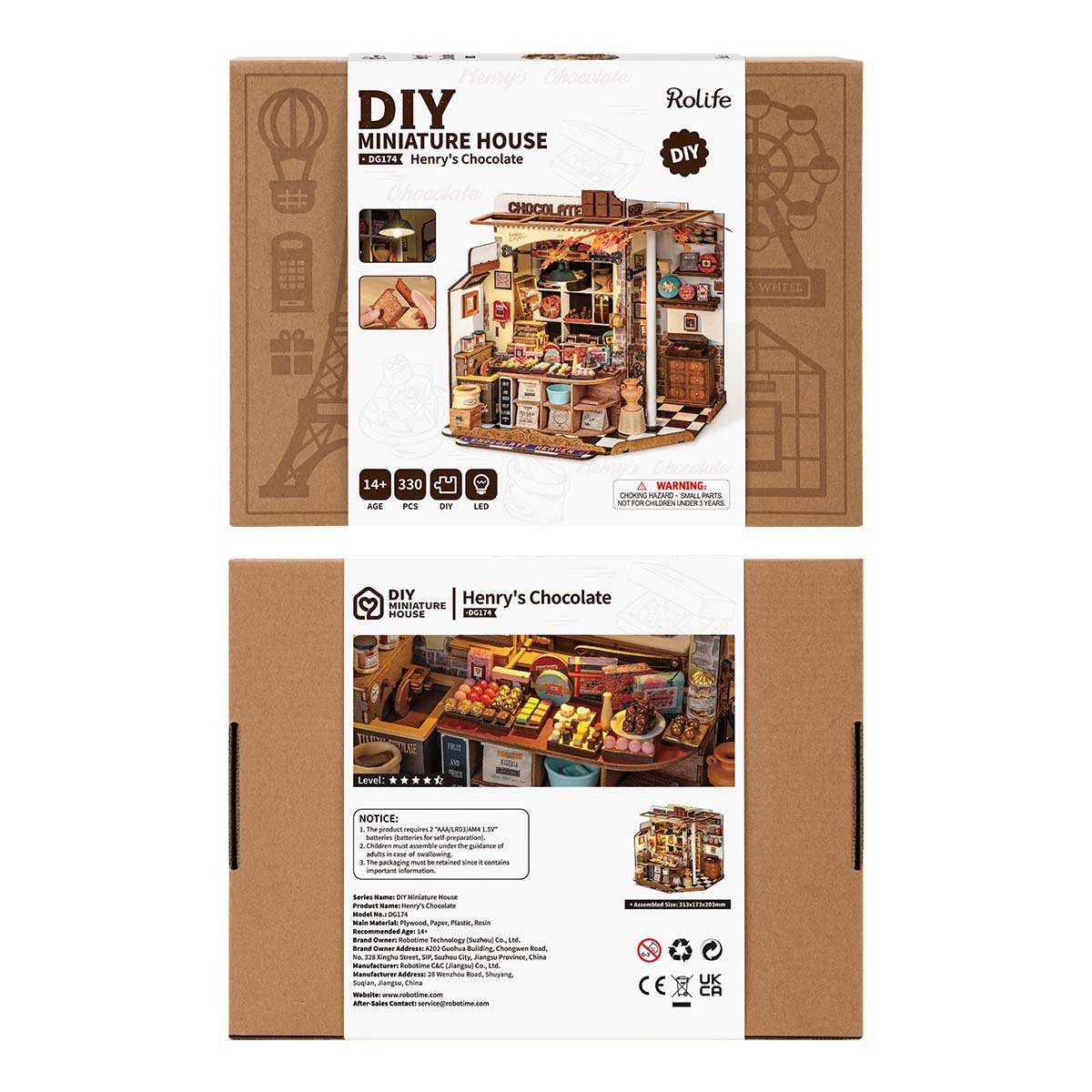 Rolife Henry's Chocolate DIY Miniature House DG174 packaging front and back showing the brown kraft box with product name, piece count 330, LED feature icons, and assembly level 4.5 stars.