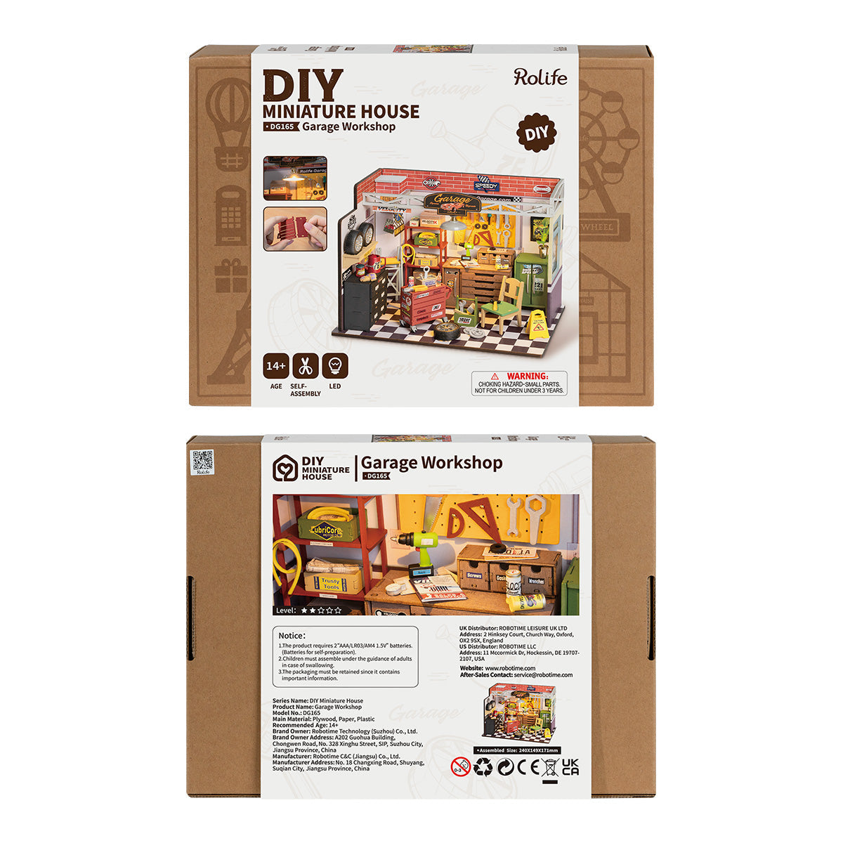 Rolife Garage Workshop DIY miniature retail packaging box showing front cover and back specs panel