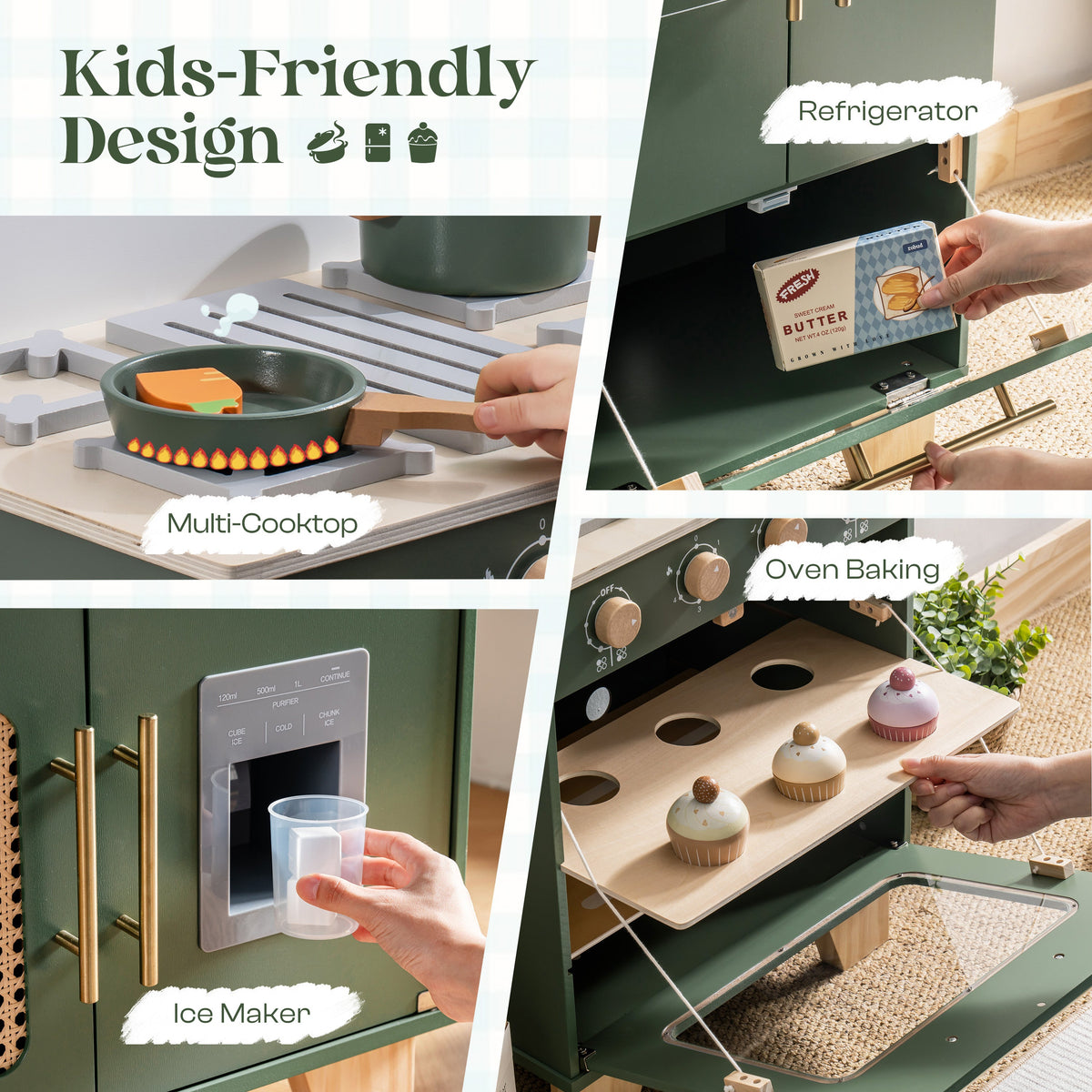 ROBUD vintage green play kitchen detail panel highlighting multi-cooktop, refrigerator, oven baking, and ice maker features with real props