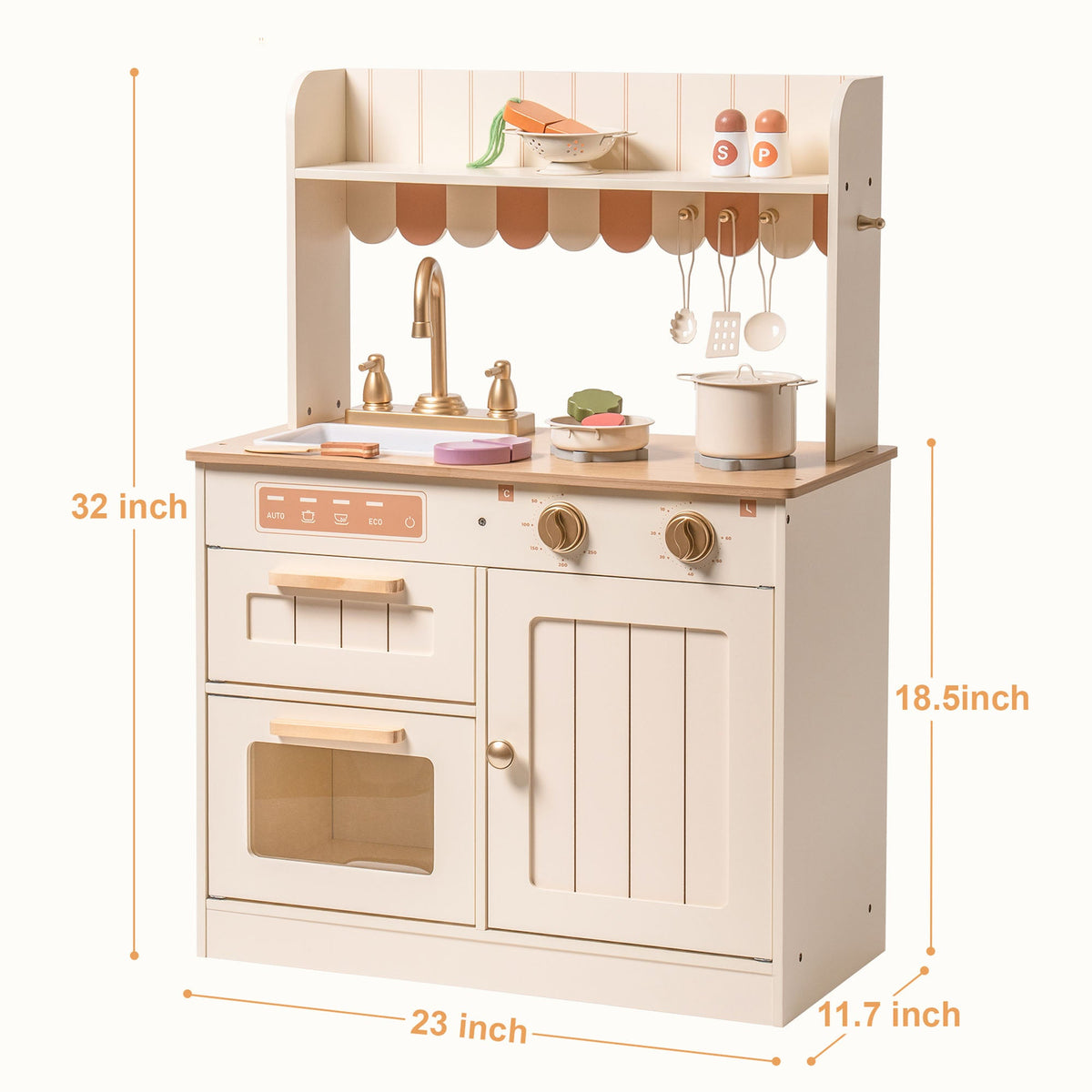Child playing with Robud wooden kids kitchen set, pretend cooking with colorful toy food and pots.
