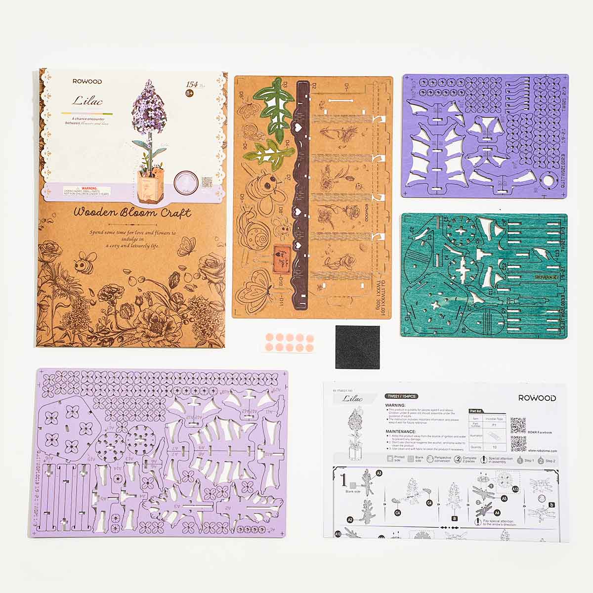 Rowood Lilac DIY Wooden Flower TW021, 3D wooden DIY flower puzzle, styled photo