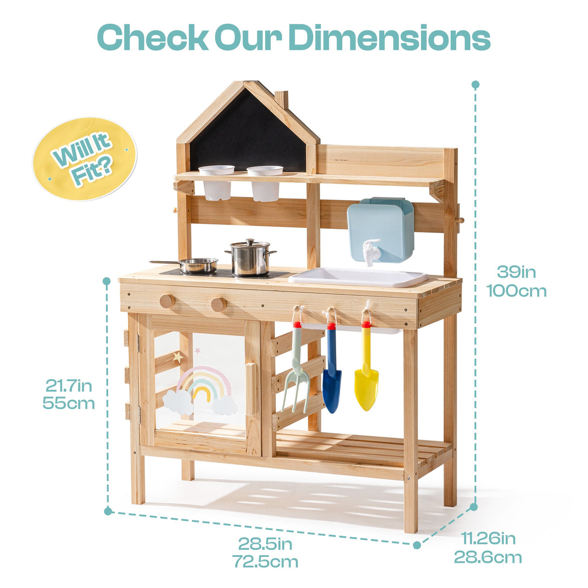 ROBUD Outdoor Mud Kitchen with Accessories dimension diagram showing 39 inch height and 28.5 inch width with wait for me label in natural wood finish