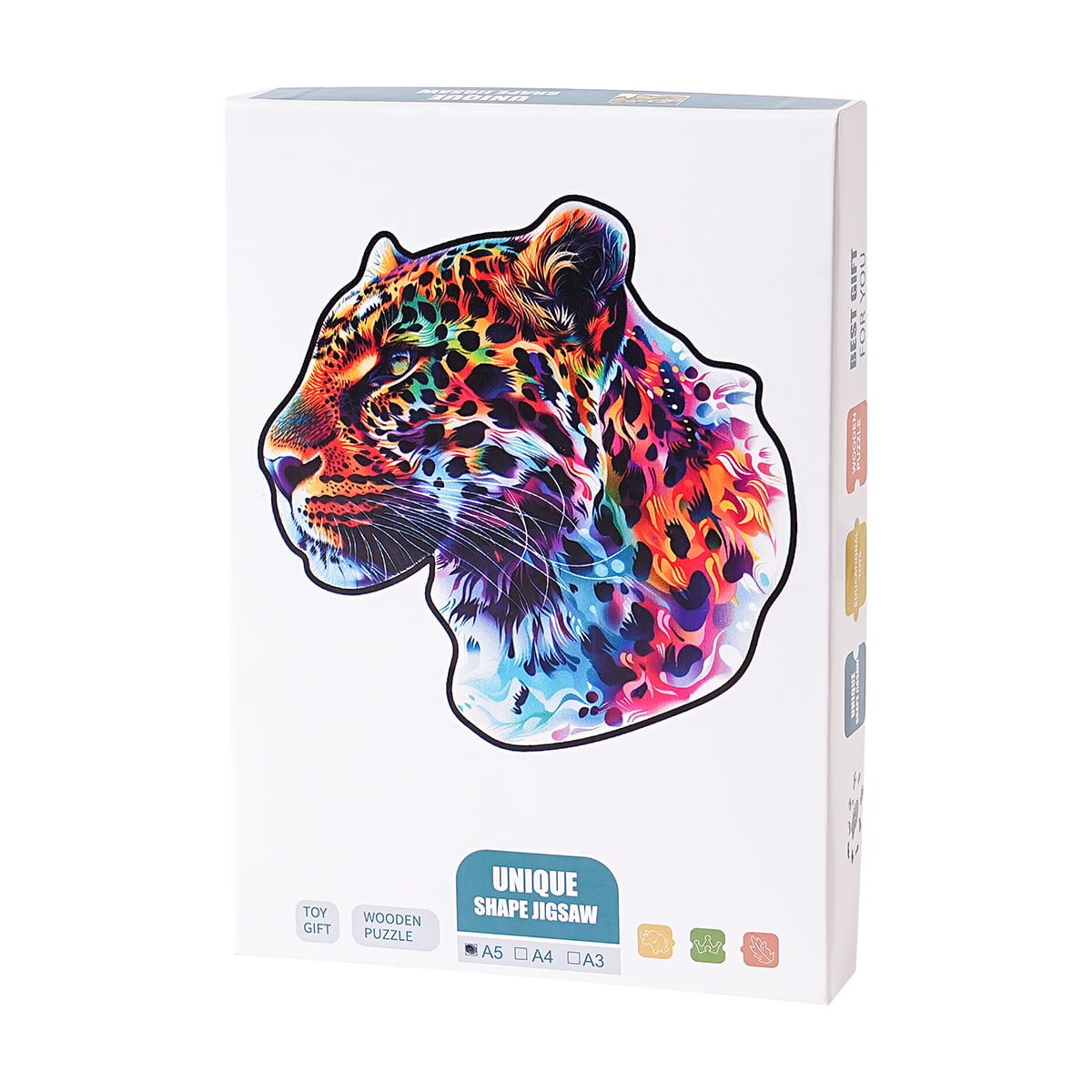 Robotime Fancy Leopard unique-shape wooden jigsaw retail box with full-color leopard artwork and Unique Shape Jigsaw label