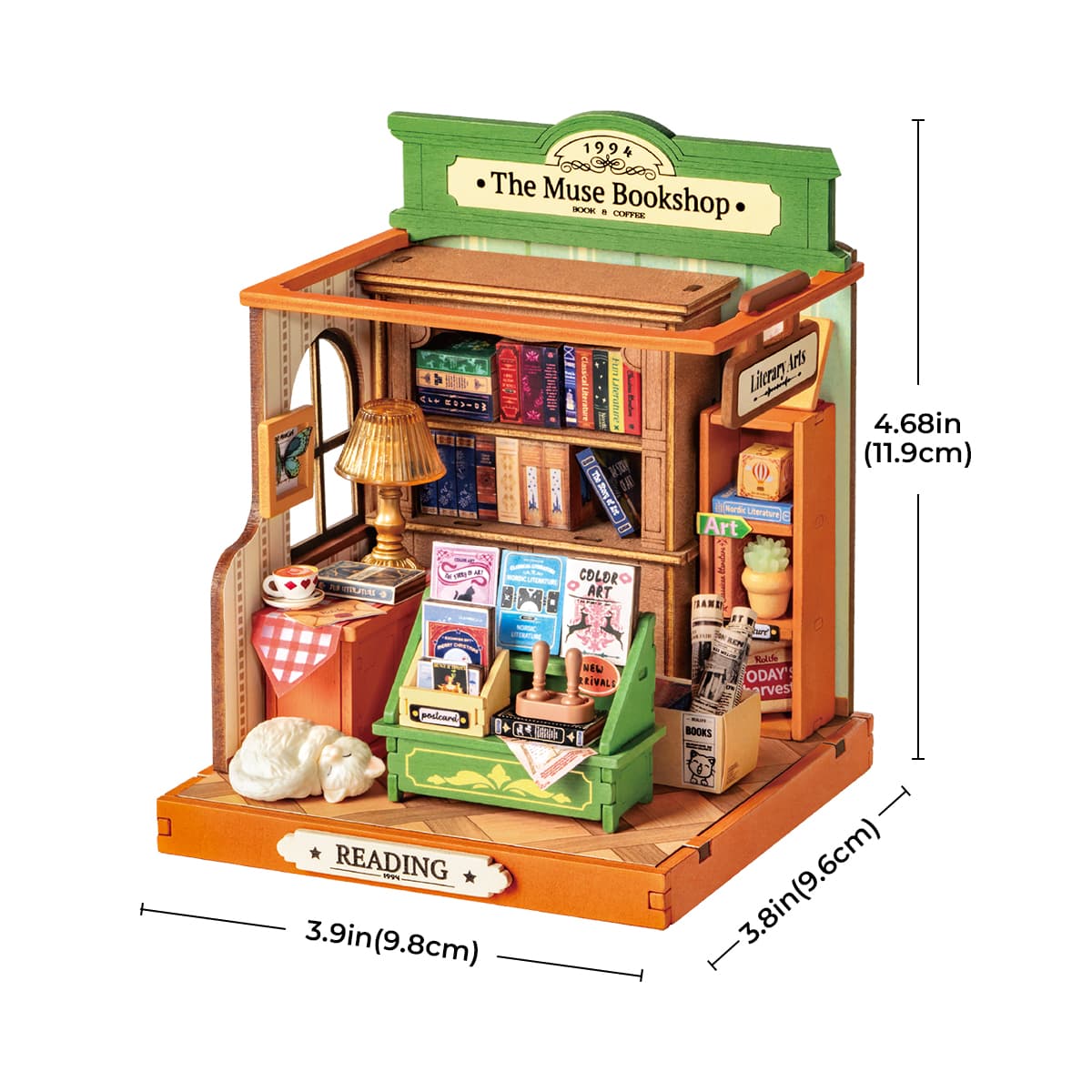 Rolife Muse Bookshop DS040 size diagram showing 3.9 by 3.8 by 4.68 inch model with bookshelves and warm interior lighting