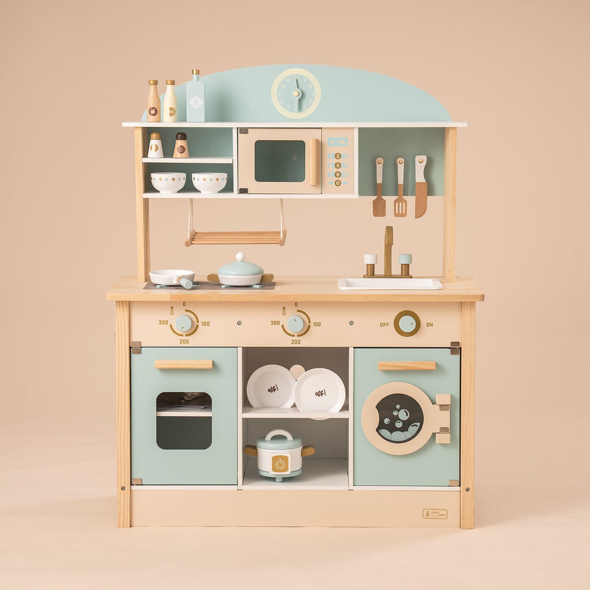 ROBUD wooden play kitchen in sage green and natural birch, with open shelving, microwave, oven and hanging utensils