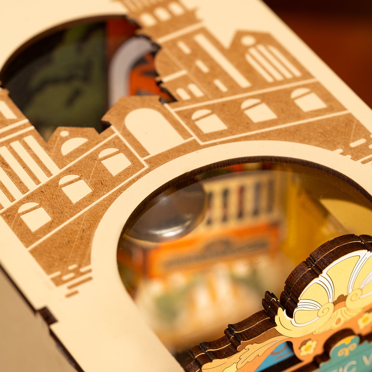 Rolife book nook miniature close up showing arched building, green vine and hanging lantern in warm light