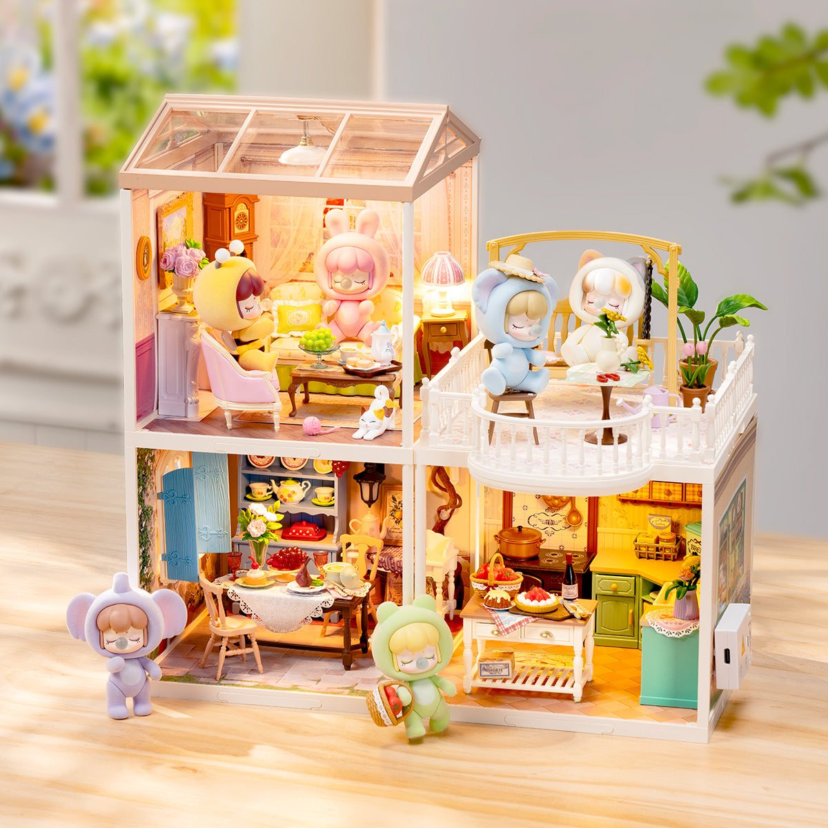 Rolife Midsummer Dream Yard DW025 completed four-story glass-roofed dollhouse with Nanci character figurines displayed on a bright surface