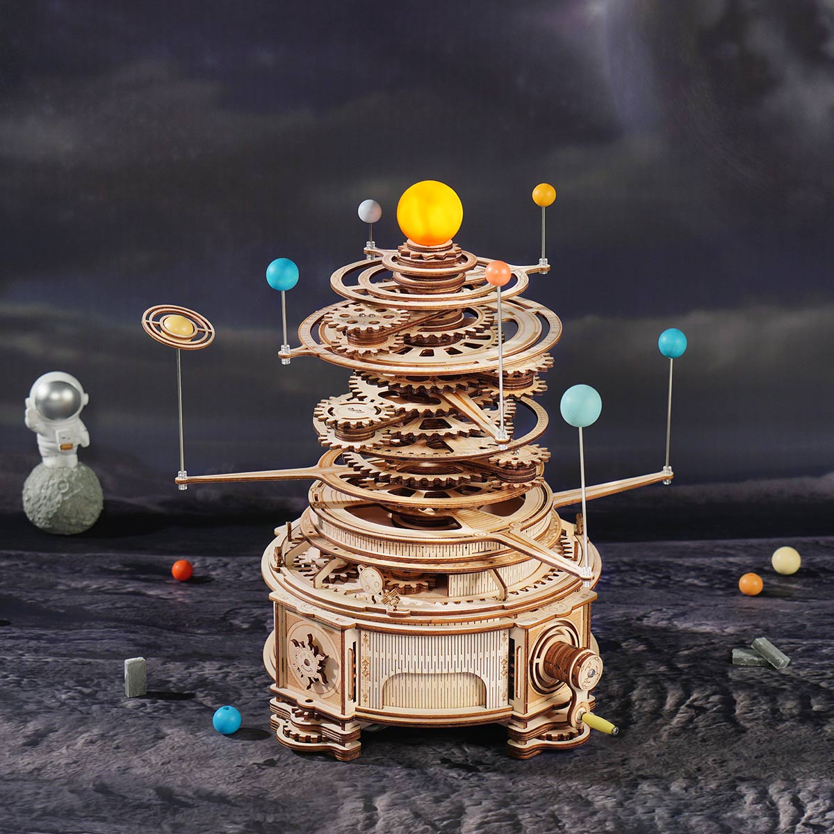 ROKR, Mechanical Orrery, ST001, 3D wooden orrery puzzle, side angle