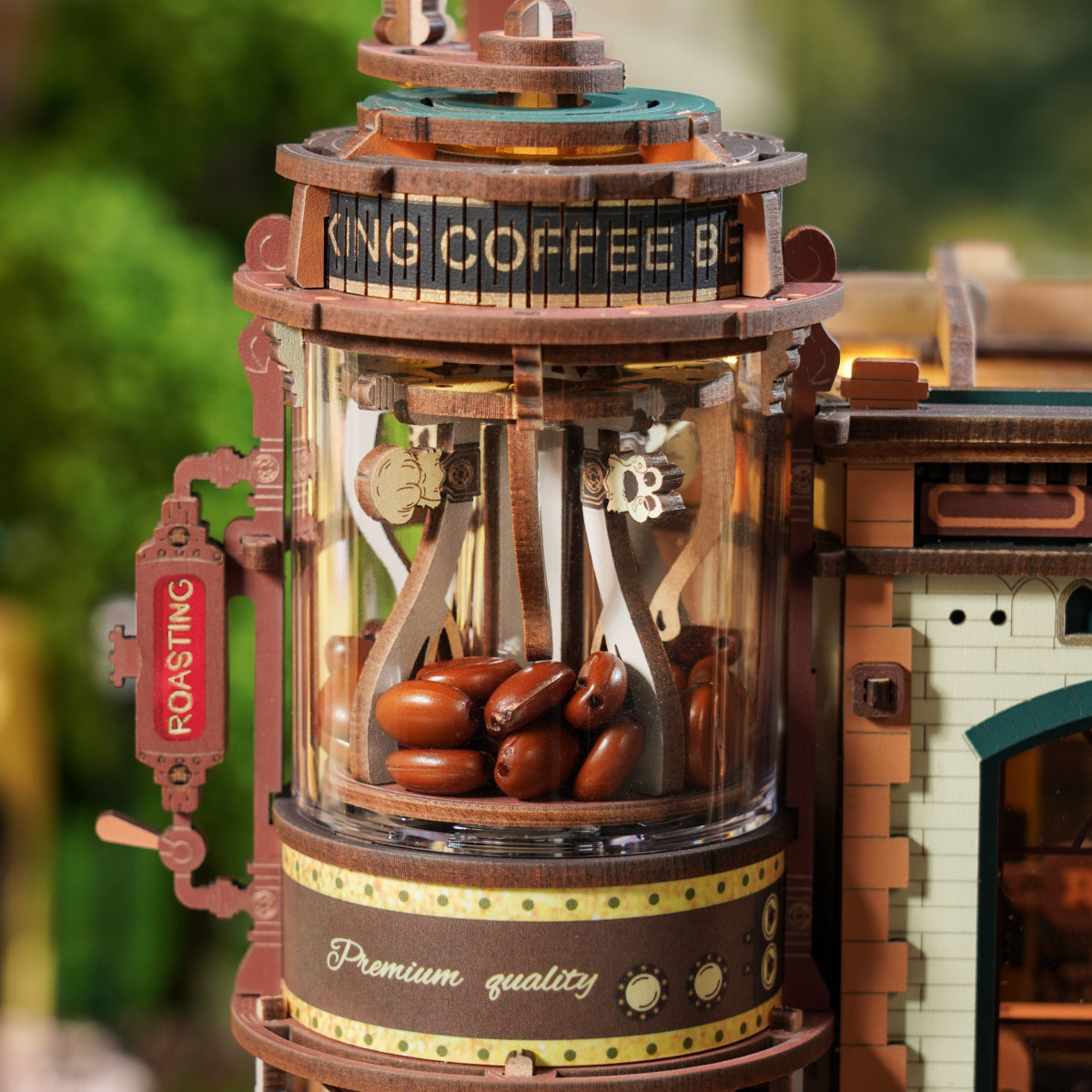 ROKR Dream Coffee Factory Music Box Wooden 3D Puzzle EAB02 3D wooden music box, detail of decorative elements and finish
