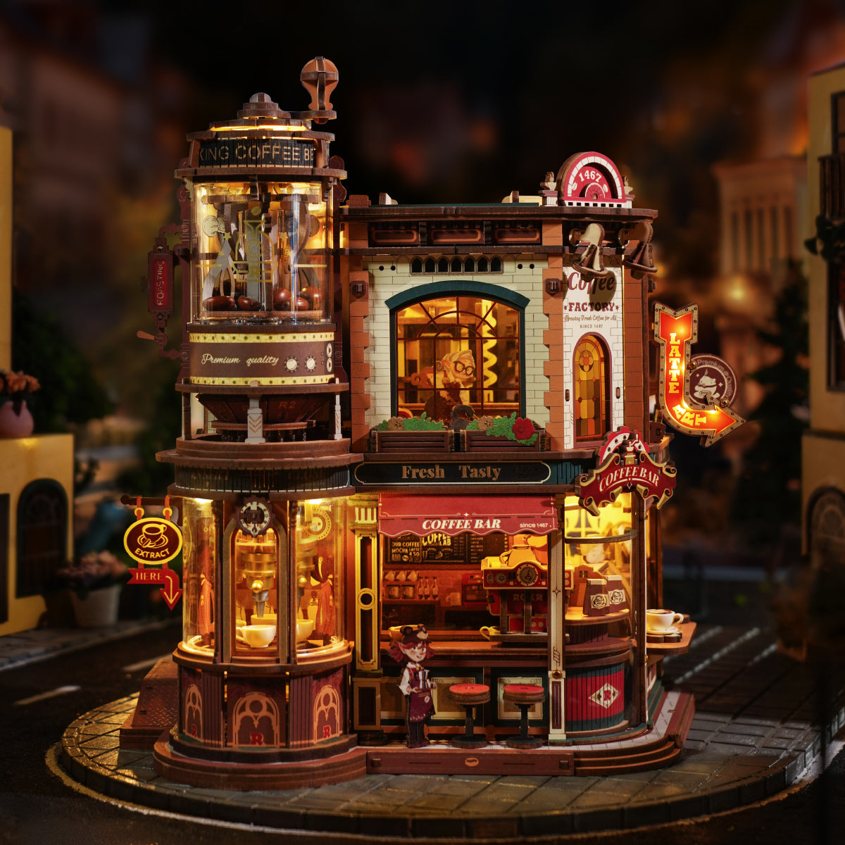 ROKR Dream Coffee Factory Music Box Wooden 3D Puzzle 3D wooden music box, close-up of interior components and accessories