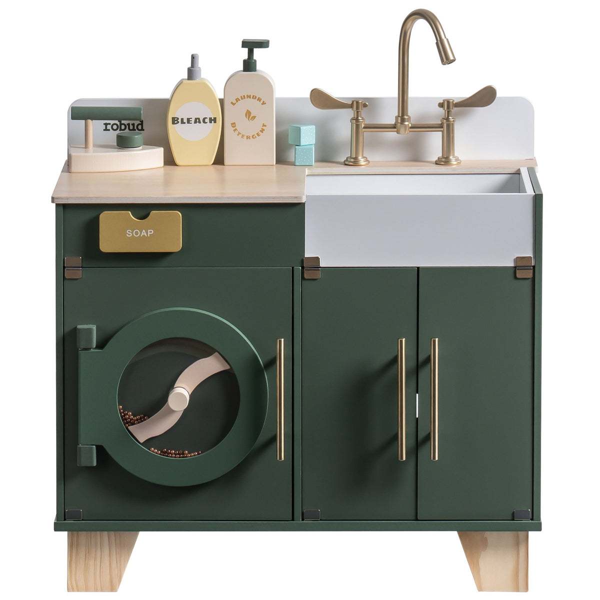 Robud vintage wooden laundry play set with round porthole washing machine door in cream finish.