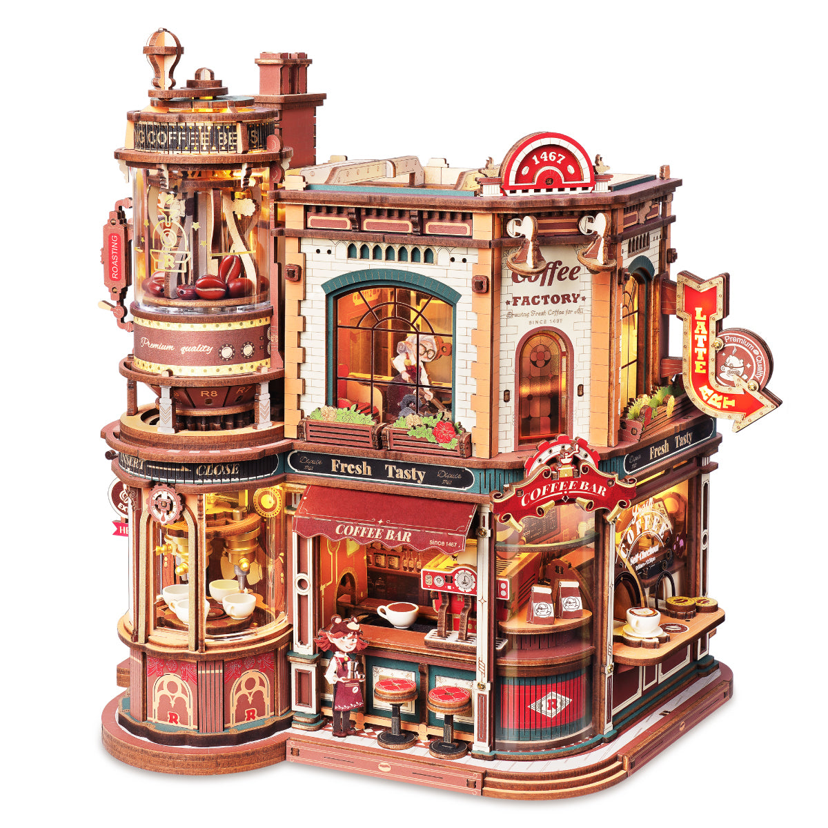 ROKR Dream Coffee Factory Music Box Wooden 3D Puzzle EAB02 3D wooden music box, product front view on neutral background